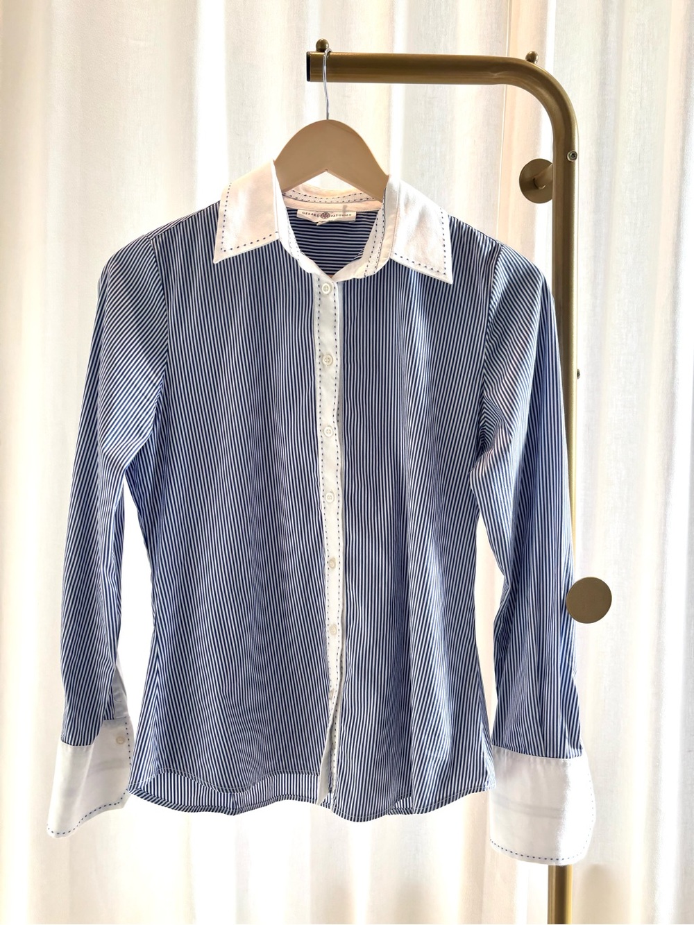 Women's Blue Pinstripe Button-Down Shirt with White Trim